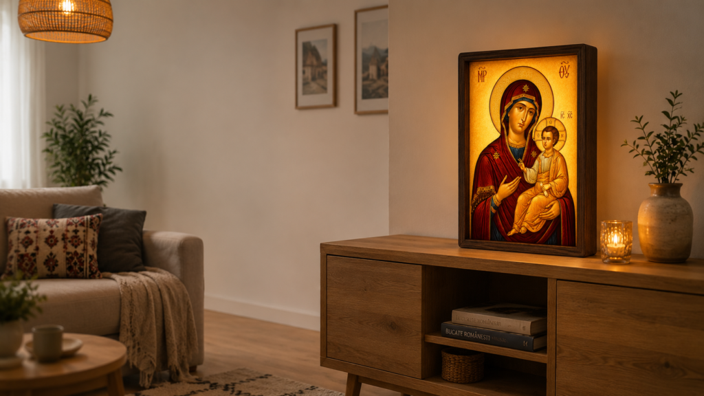 Icoana luminoasă cu Maica Domnului și Pruncul, aprinsă într-un living românesc modern