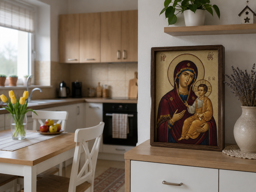 Icoana luminoasă așezată într-o bucătărie modernă